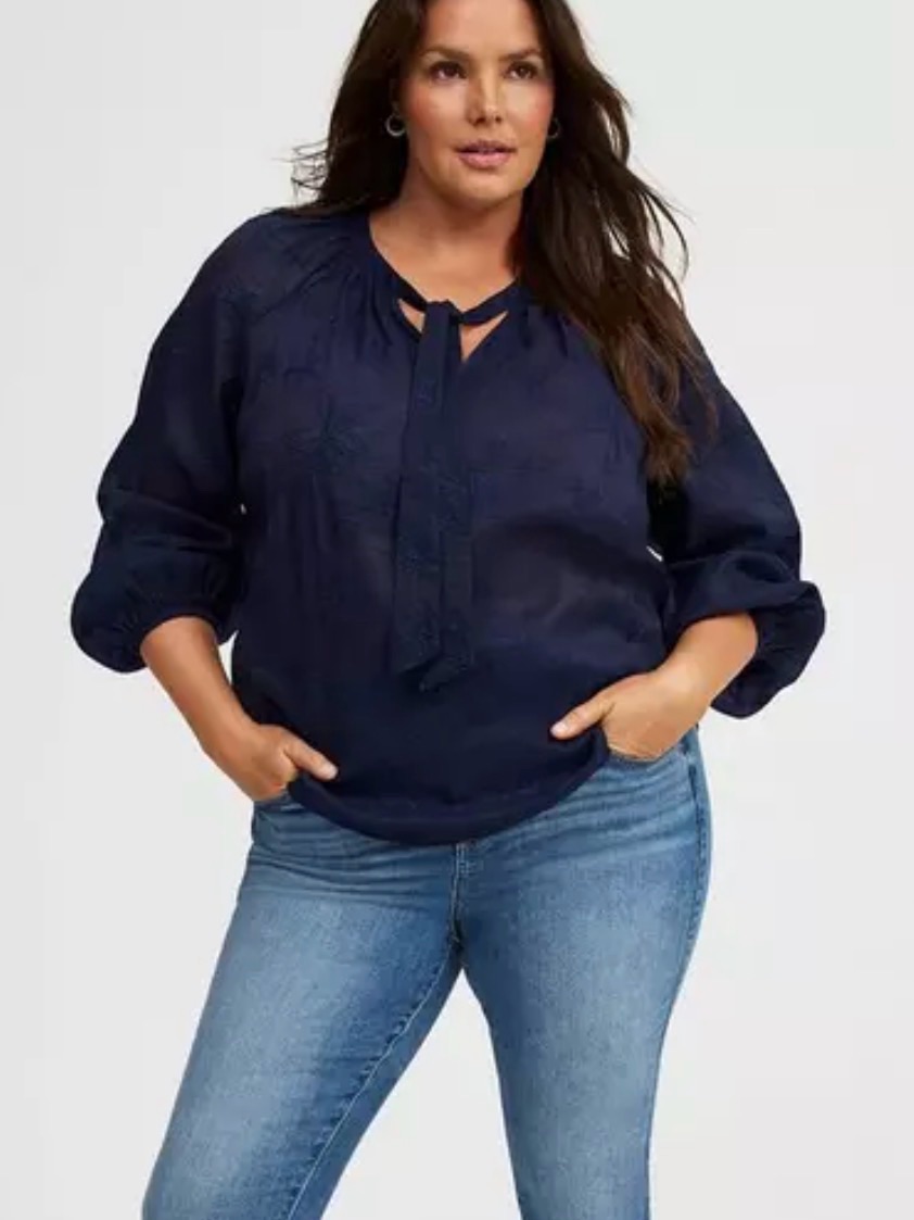 Torrid Embroidered Tie Front Long Sleeve Blouse Sz 2